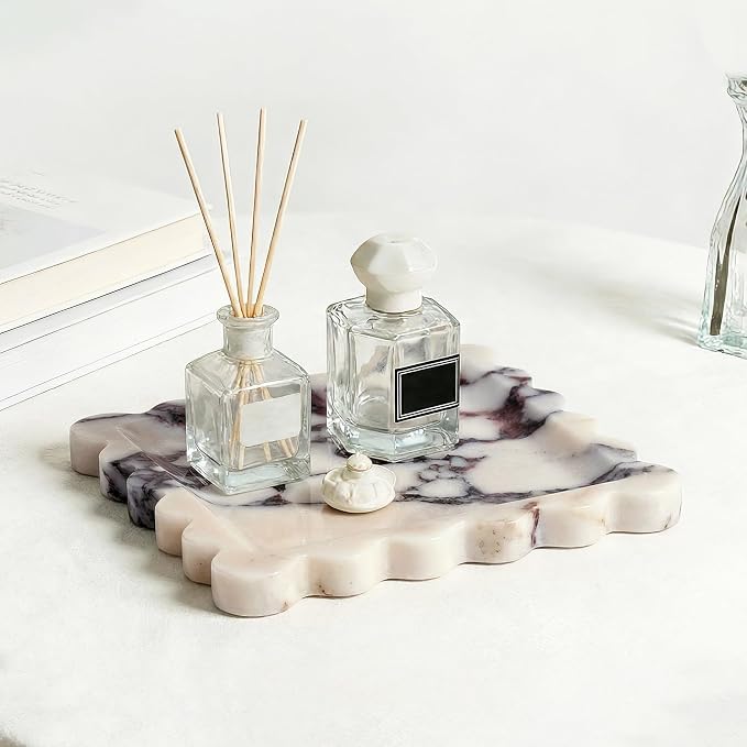 Scalloped Square Marble Decorative Tray, Natural Stone Vanity & Jewelry Tray, Trinket Organizer for Ring, Key, Dresser, Nightstand, Bathroom Counter & Kitchen Sink(Calacatta Viola)