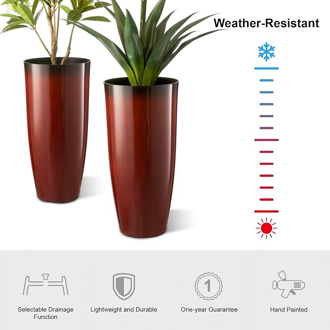 Glitzhome 30" H Oversized Tall Planter, Set of 2 Large Outdoor Planters with Drainage Holes, Gradient Red Faux Ceramic Finish, Large Flower Pots Plastic Plant Pots for Indoor Outdoor Front Door Patio