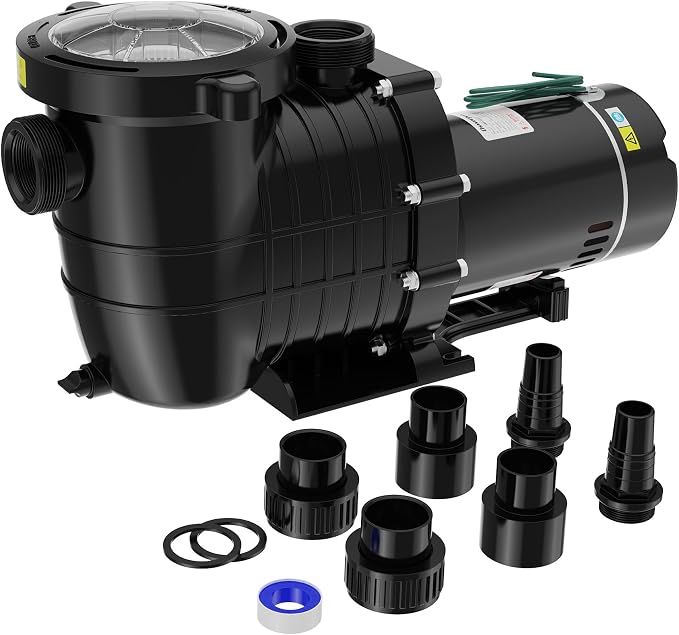 2HP Above/In Ground Pool Pump, 115V/230V 6900GPH Self Priming | High Flow Energy Efficient Pure Copper Motor, 1.5", 2", and 1.25"-1.5" Connectors, Strainer Basket & Drain Plug, Dual Voltage
