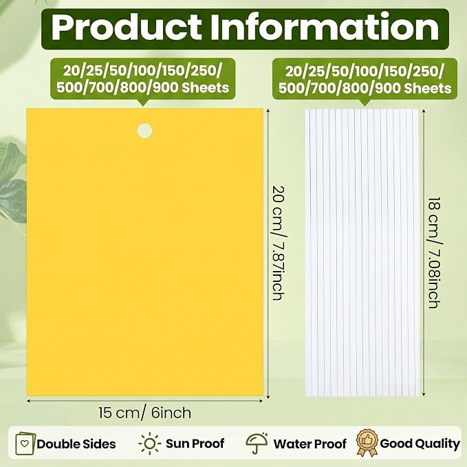 Qualirey 500 Pcs 6x8 Inch Yellow Sticky Traps for Gnats, Dual-Sided Sticky Gnat Traps for Indoor Outdoor, Fly Catcher for Fungus Gnats, Fruit Flies, Whiteflies– Bulk Pack with Twist Ties