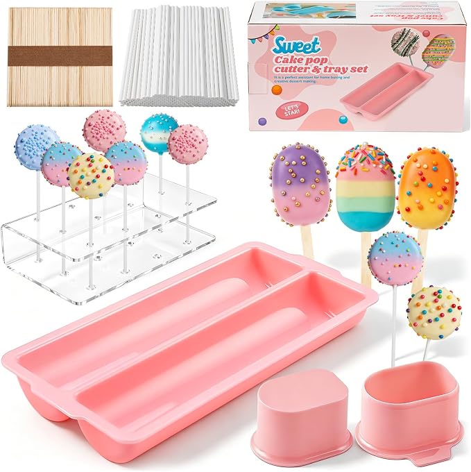 WDAHDHP Cake Pop Mold Kit, Including Circle Cake Pop Cutter, 9 Inch DoubleTray, Cake Pop Stand, Lollipop Sticks, Clear Treat Bags and Gold Twist Ties for Home Desserts Baking Accessories, Pink