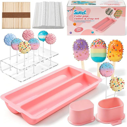 WDAHDHP Cake Pop Mold Kit, Including Circle Cake Pop Cutter, 9 Inch DoubleTray, Cake Pop Stand, Lollipop Sticks, Clear Treat Bags and Gold Twist Ties for Home Desserts Baking Accessories, Pink