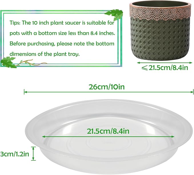 12 Pack 10 Inch Round Plant Saucers for Less 8 Inch Pot Indoors Outdoors Plant Trays for Pots Planter Saucer Plastic Drip Tray Planter Water Tray (Clear, 10"(12pcs))