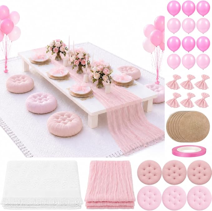 Cinrobiye Boho Picnic Party Set for Outdoor, Aesthetic Picnic Setup with Large Picnic Blanket, Floor Cushions, Table Runner, Napkins, Balloons for Wedding, Bridal Shower, Birthday(Pink)