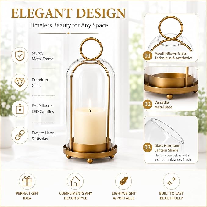 Hurricane Metal Candle Holder Set of 2, 12” & 7.5”, with Handcrafted Glass Dome for Pillar Candle, Plants & 2 Timer Candles for Indoor Outdoor Decor Decorative Table Centerpiece (Vintage, Set of 2)
