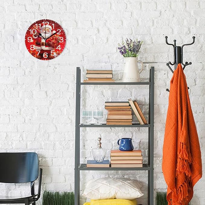 Christmas Santa Claus Wall Clock, Silent Non Ticking 10 Inch Battery Operated Wall Clocks, Easy to Read Clock for Home Kitchen Living Room Bathroom Office Decor