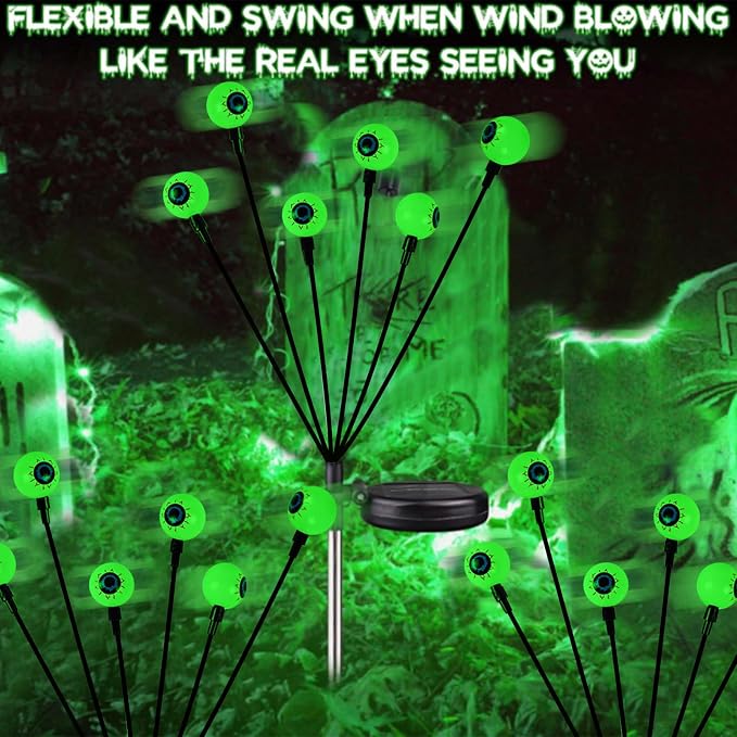 2026 Upgraded 6 Pack Halloween Decorations Outdoor, Green Solar Eyeball Lights, 36 LED Eye Balls Swaying Firefly Light Waterproof (Soft Glowing or Steady on) for Garden Lawn Pathway Grave Yard Decor