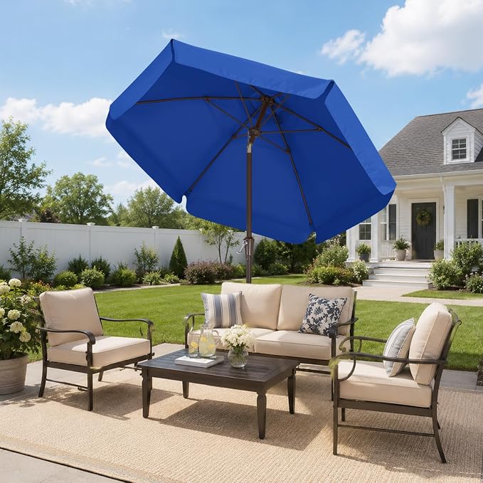 ABCCANOPY 7.5ft Scalloped Patio Umbrella, Outdoor Table Umbrella with Tilt and Crank, Fiberglass Ribs Deck Umbrella for Patio, Pool, Garden, Picnic (Blue)