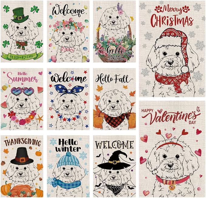 Seasonal Garden Flags Bichon Frise Double Sided Flags Set of 11 Holiday Farmhouse Indoor Outdoor Yard Lawn Christmas Gifts Decorations 12.5x18 Inch