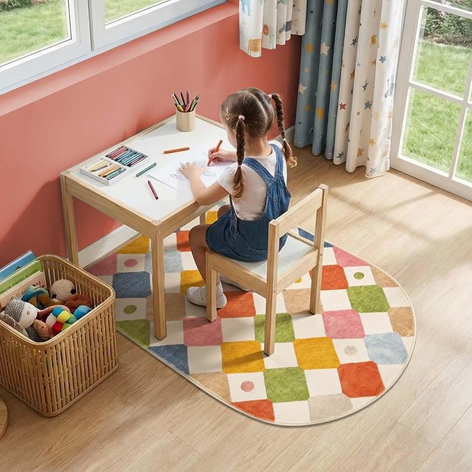jinchan 3x5 Washable Kids Rug Colorful Nursery Study Corner Arch Chair Mat | Soft, Non-Slip, Cute, Whimsical, Kid-Friendly, Dirt Trapping, Checkered Diamond, Cream Background, Doormat, Bedroom, Dorm