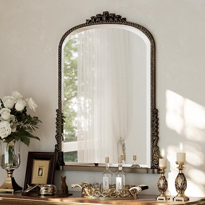 24"×32" Bronze Arched Wall Mirror with Vintage Carving | Bathroom Vanity Makeup Mirror, as Wall Decor Hanging Leaning for Fireplace Mantle, Living Room, Bedroom, Vanity Area