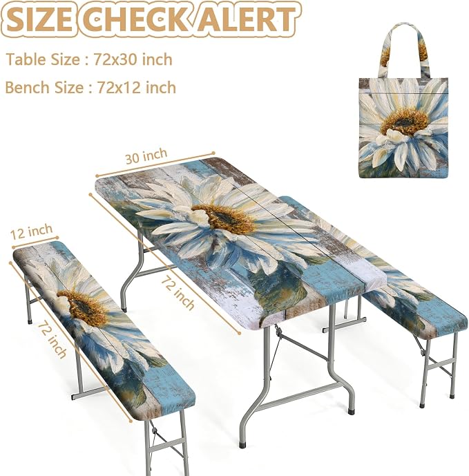 Picnic Table Cover with Bench Covers Elastic Edges, Outdoor Patio Camping Essentials 72 Inch 3PCS, Waterproof Camping Fitted Tablecloth with Handbags (Wood flower)