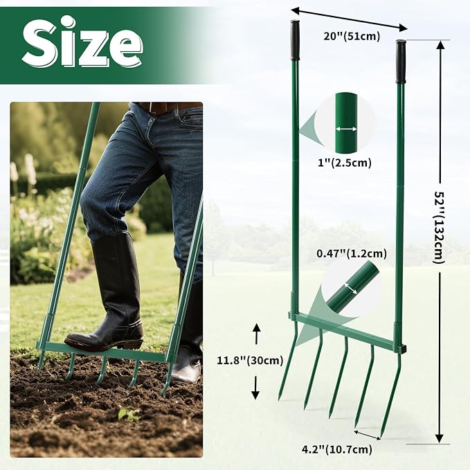 Homwin Broadfork Garden Tool with Steel Handle Heavy Duty Five Tines Broad Fork for Gardening Loosening and Aerating Soil, U-Shaped Design Hand Tiller, Compost Turner and Aerator
