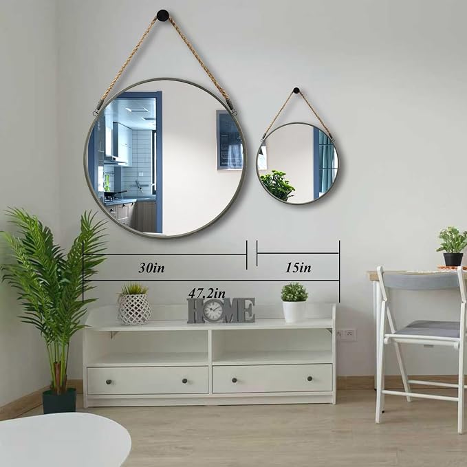 POZINO 15" Small Round Hanging Mirror with Grey Metal Frame