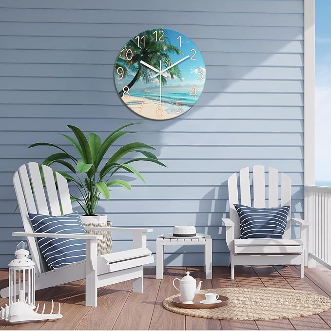 XFM Large Tropical Beach Wall Clock Silent Non-Ticking 24 Inch | Silent Non-Ticking Battery Operated Blue Modern Glass Palm Tree Decorative for Living Room Kitchen Bedroom Office
