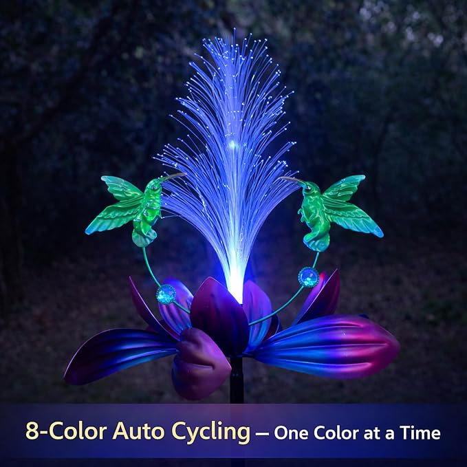 Solar Hummingbird Wind Spinner Outdoor 49 Inch Lotus Flower Metal Garden Windmill for Yard and Color Changing Fiber Optic Solar Yard Art Kinetic Wind Spinner Gift for Women Mother's Day Garden Gift