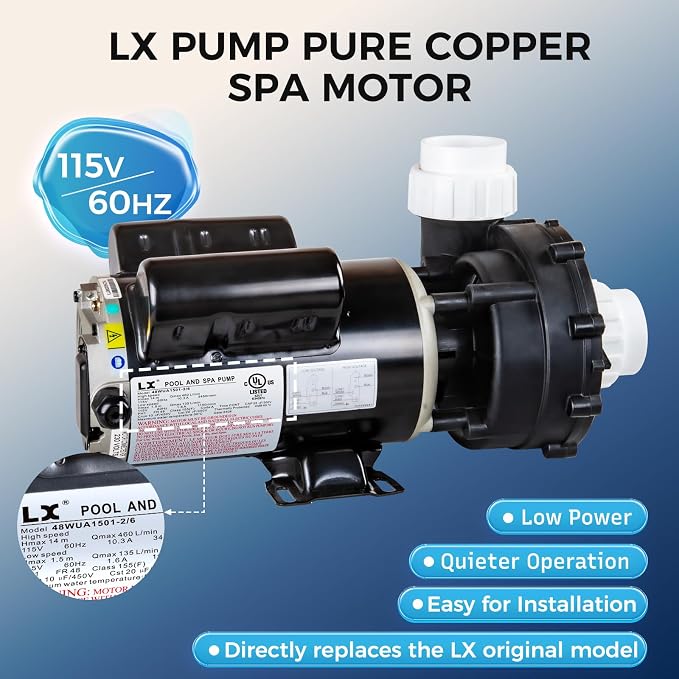 Hot Tub SPA Pumps 1.5HP, 2 Speed SPA Pump 115V/60HZ, 48 Frmae LX Pump Motor, Energy Efficiency - Model: 48WUA1501-2/6