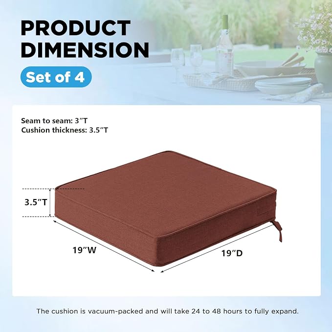 19 x 19 Inch Sunbrella Outdoor Chair Cushions with Tie Straps, Set of 4 Thick Water Repellent Square Patio Chair Pads for Garden Lawn Patio Furniture, Canvas Henna