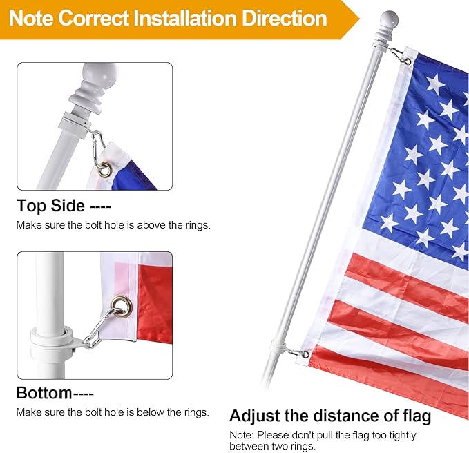 BONWIN White Flag Pole Kit for Outside House, 6 FT Thickened Stainless Steel Wall Mount Flag Pole for 3x5'/ 4x6' American Flag, 1" Anti-Wrap Spinning Flagpole Rings Hardware Kits for Porch Yard