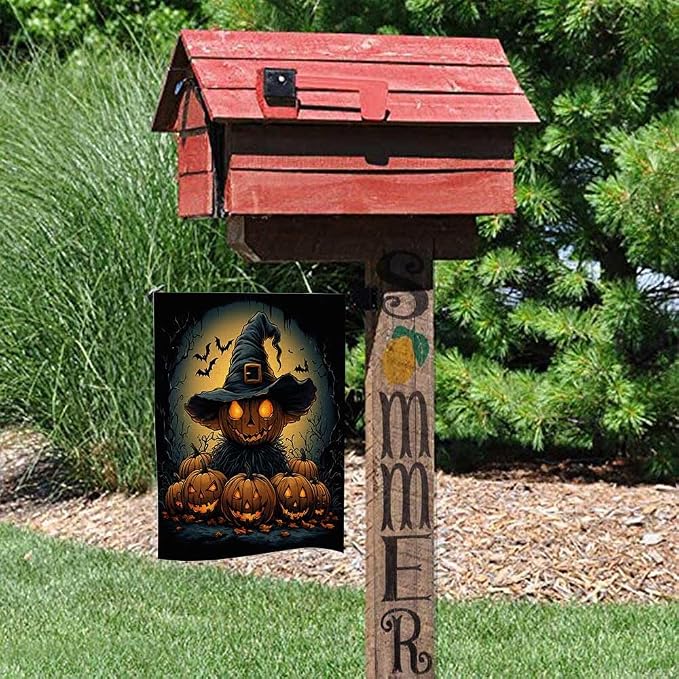 EMMTEEY Halloween Garden Flag Scary Halloween 12.5X18 Double-Sided, Seasonal Yard Flags Pumpkin Bats Small Burlap Garden Flags for Outside Front/Back Door