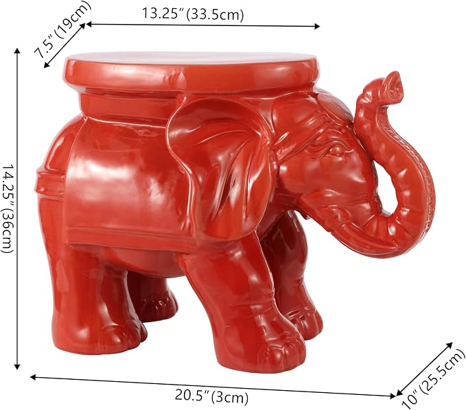 JONATHAN Y White Elephant 14.25" Glazed Ceramic Elephant Garden Stool, Weather-Resistant Indoor/Outdoor Patio Side Table and Plant Stand, Bohemian, Red TBL1007B