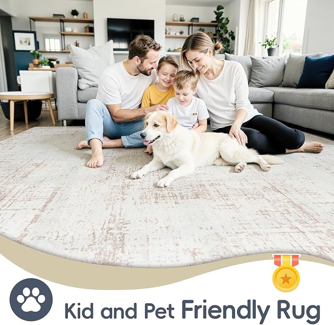 4x6 Washable Area Rug for Living Room Bedroom: Non-Slip Modern Beige White | Machine Washable TPR Backing, Stain-Resistant Low Pile, Pet & Kid Friendly, Abstract Decor for Dining Room, Dorm, Home Office