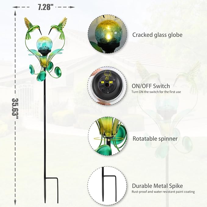 Decorative Solar Outdoor Light, Hummingbird Glass Globe Stake for Lawn Yard | Solar Hummingbird Lights With Wind Spinner Design, Crackle Glass Globe, Auto On/Off For Garden, Lawn, Yard