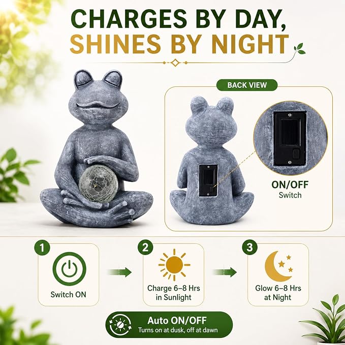 Solar Meditating Yoga Frog Statue 6.8L x 9.65H | Zen Garden Figurines for Home and Garden Decor, Frog Decorations Gift Ideas, Gifts for Women Mom
