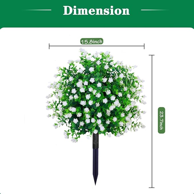 THKFUL Artificial Flower Ball Topiary Trees Outdoor Set of 2 - White Boxwood Ball Fake Plants with Ground Spike,23" Realistic Faux Shrubs UV Resistant for Front Pathway Porch Window Box Decor