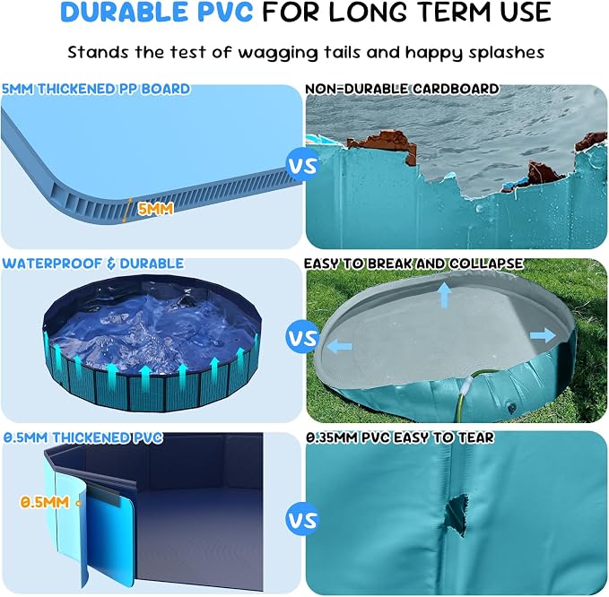 120'' Foldable Dog Pool, Kiddie Pool, Heavy Duty Non-Slip Plastic Pet Wading Pool for Large Dogs, Indoor and Outdoor Kids Pet Dog Bathtub