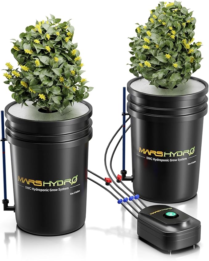 Mars Hydro DWC Hydroponics Grow System 5 Gallon Deep Water Culture with 8W Air Pump, Multi-Purpose Air Hose, Air Stone, 2 Buckets and Top Drip Kit | 5 Gallon Capacity, 8W Air Pump, Air Stone & Hose Included, Top Drip Kit, Deep Water Culture Design