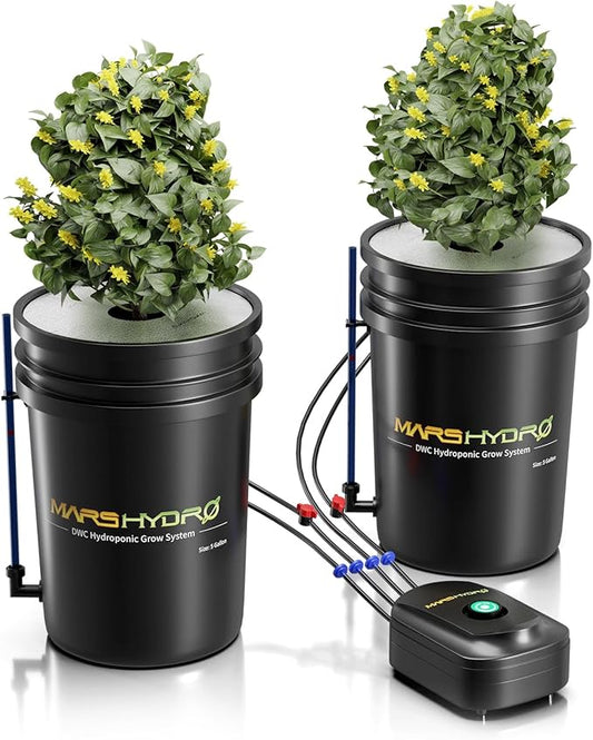 Mars Hydro DWC Hydroponics Grow System 5 Gallon Deep Water Culture with 8W Air Pump, Multi-Purpose Air Hose, Air Stone, 2 Buckets and Top Drip Kit | 5 Gallon Capacity, 8W Air Pump, Air Stone & Hose Included, Top Drip Kit, Deep Water Culture Design