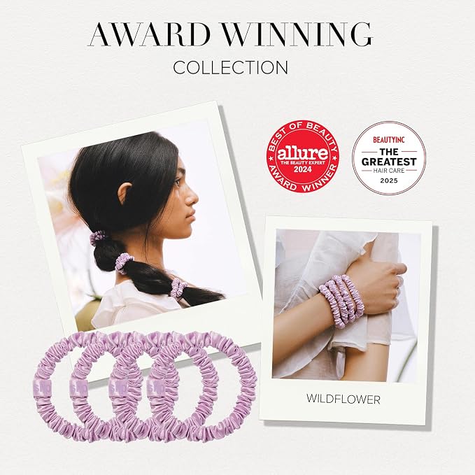 Slip Silk Hair Ties — Skinny Silk Wildflower Scrunchies, No Damage, No Crease, Anti-Breakage |100% Mulberry Silk | All Hair Types | Made with Proprietary Slipsilk™ | Set of 4