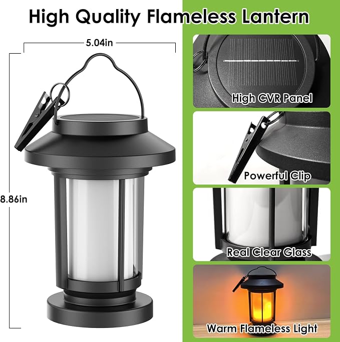 Greluna Solar Lantern Outdoor, Flickering Flameless Solar Lights Hanging Lantern, Waterproof Auto On/Off Decorative Solar Garden Lights for Patio Yard Porch Pathway Camping Decor 2 Pack