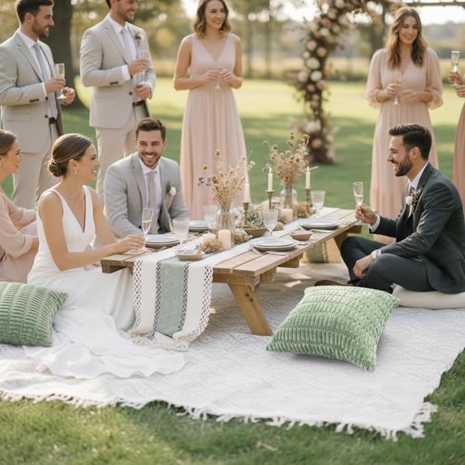 Beeveer 8 Pcs Sage Green Picnic Kit Extra Large Outdoor Boho Picnic Blanket 91x71'', Low Table Runner, 6 Throw Pillow Covers, Woven Cotton Yarn Oversize Washable Beach Blanket for Camp Wedding Garden