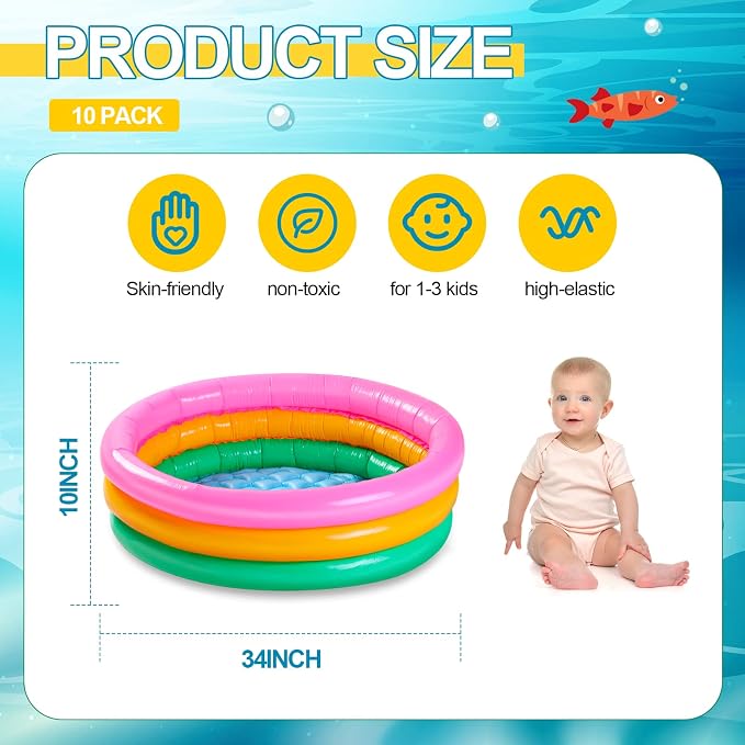 Jerify 10 Pack Kiddie Pools Bulk for Toddler 34x10 Inch Inflatable Kids Swimming Pool Round 3 Rings Small Baby Infant Blow up Padding Ball Pond for Outdoor Garden Backyard Water Game Play Center