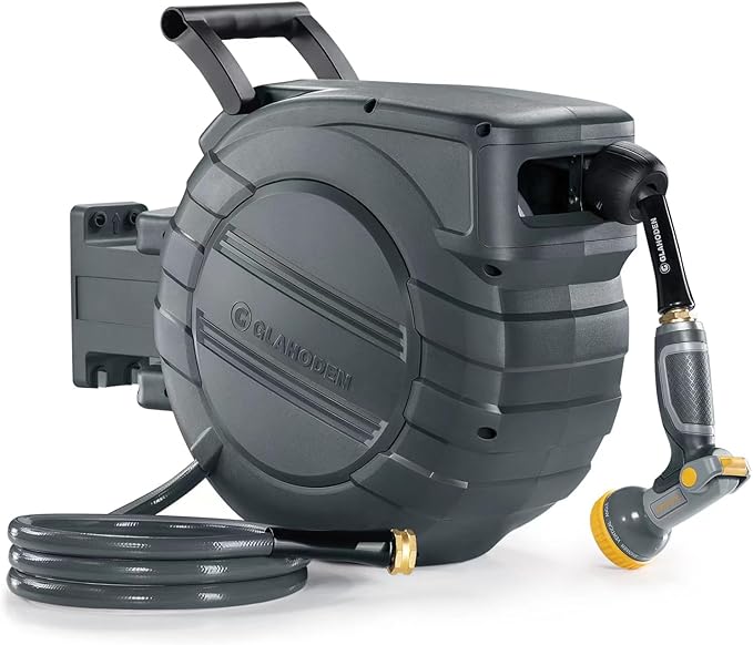GLAHODEN Retractable Garden Hose Reel 1/2 in x 155 ft Metal Bracket, 2025 Upgraded Dual Ratchet Lock UV & Freeze Protection Brass Seal Slow Retraction Anti-Tangle Hose 180°Swivel