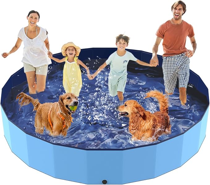 PETOCAT 97" Foldable Dog Pool Kiddie Swimming Pool,Plastic Non-Slip Hard Shell Kids Wading Pool, Large Portable Collapsible Pet Puppy Bathing Tub, Heavy Duty - Family Size, 8 ft x 16 inch.D - 5XL