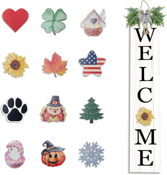 Interchangeable Outdoor Welcome Sign for Front Porch Standing 47"×8" with 12 Pcs Icons Vertical Tall Leaner Outside Welcome Sign Long Wood Frame Large Rustic Farmhouse Front Door Hanging Decor (White)
