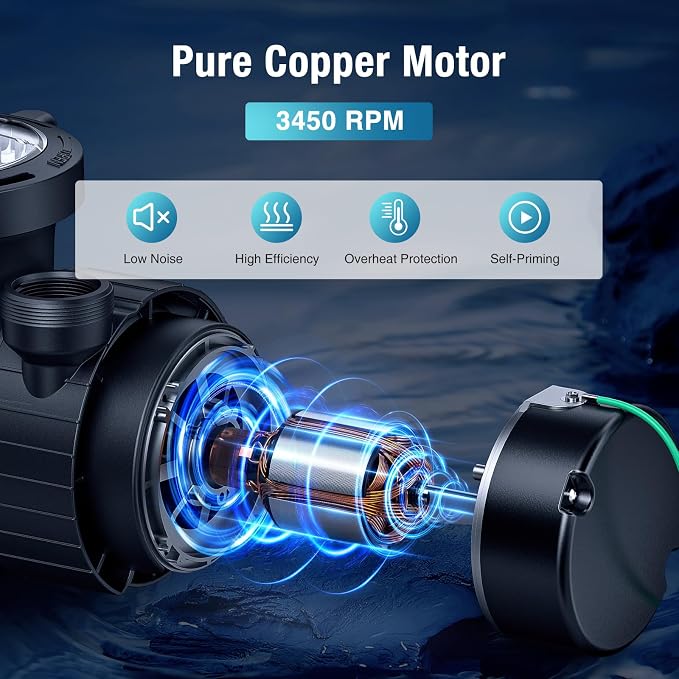 CrestWave 1 HP Above Ground Pool Pump 5300GPH High Flow 115V Single Speed | Self-Priming Pump, Quiet Energy Efficient w/Large Strainer Basket, 1.5", 1.25"-1.5" Adaptors, Fits Pools Spas Irrigation