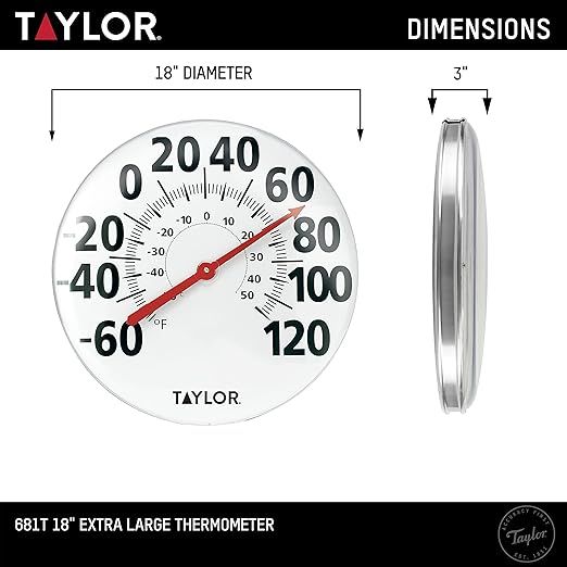 Taylor Extra Large Metal Wall Indoor Outdoor Thermometer, Easy to Read Numbers for Patio, Pool, and Indoor Areas, 18 inch, White