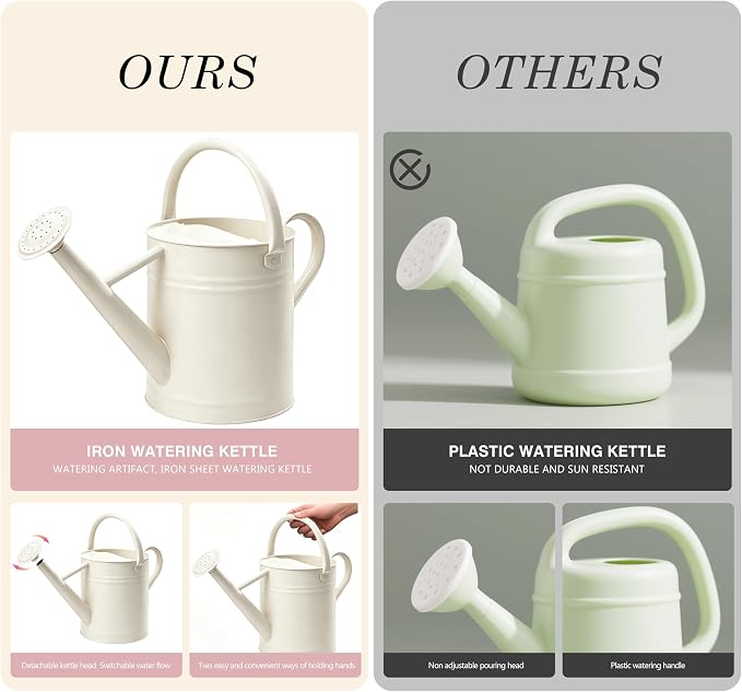 Metal Watering Can for Outdoor and Indoor Plants, Watering Can Decor, 1 Gallon（Cream White）