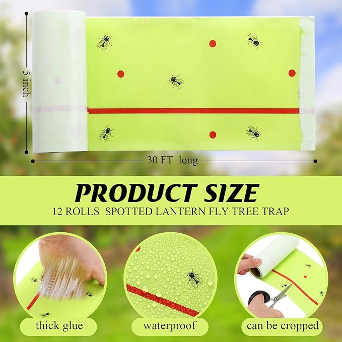 12 Rolls (30 Feet Each Roll) Spotted Lantern Fly Tree Trap Indoor Outdoor Fruit Fly Traps Disposable Paper Spotted Lantern Tree Tape Sticky Barrier for Protecting Trees(Green)