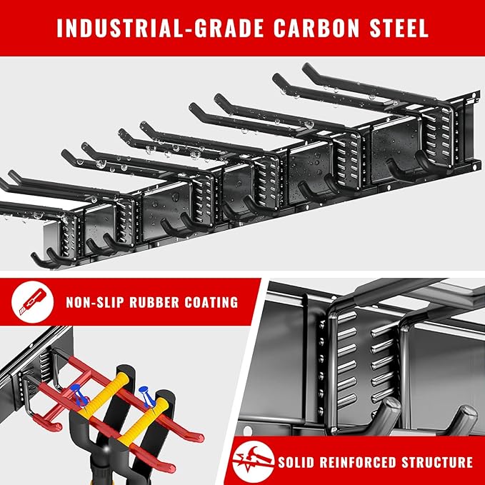 Garage Tool Organizer Wall Mount, Easy to 48inch Install Heavy-Duty Garage Storage System with 6 Adjustable Hooks, Garden Tool Rack for Shovels, Rakes, Yard Tools