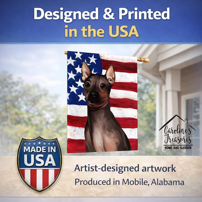 Caroline's Treasures CK6400CHF American Hairless Terrier American Flag House Flag Large Porch Sleeve Pole Decorative Outside Yard Banner Artwork Wall Hanging, Polyester, House Size, Multicolor
