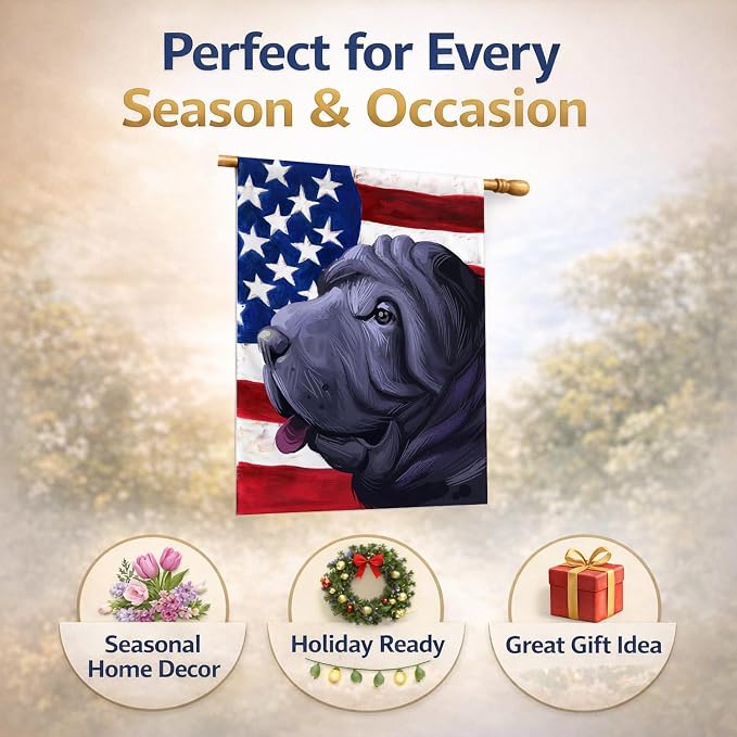 Caroline's Treasures CK6620CHF Miniature Shar Pei Dog American Flag House Flag Large Porch Sleeve Pole Decorative Outside Yard Banner Artwork Wall Hanging, Polyester, House Size, Multicolor