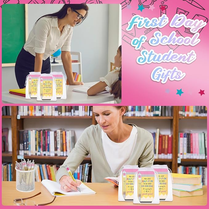 Marspark 30 Sets Back to School Student Gifts Bulk First Day of School Gifts Ballpoint Pens and Pencil Shaped Greeting Cards Set with Bag Twist Ties for Teacher Classroom Prizes Rewards Party Favors