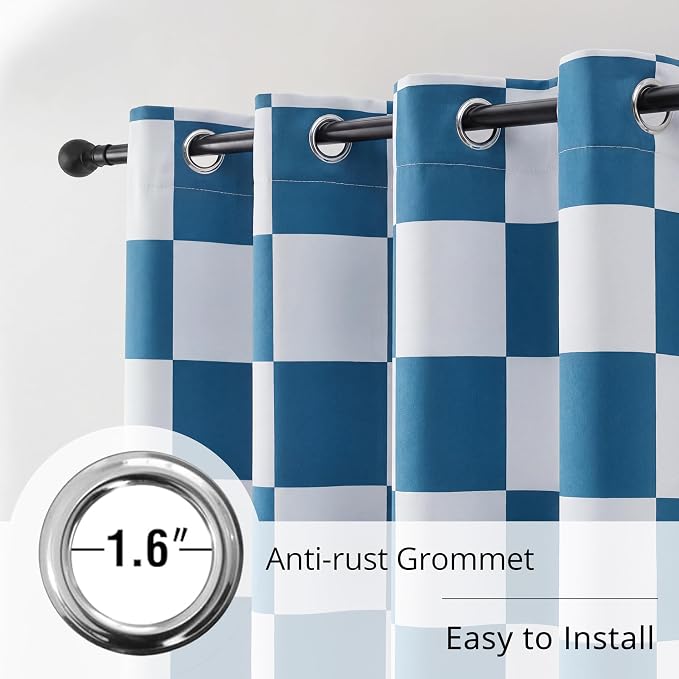 100% Blackout Checkered Curtains – 2 Panels, Each W52×L63, Thermal Insulated, Nosie Reducing for Bedroom, Modern Ocean Blue and White Checkerboard Design