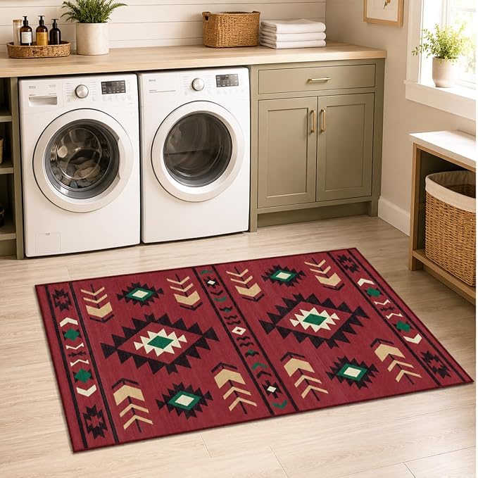 Western Rug 2x3 for Entryway Indoor Mat, Southwestern Aztec Tribal Rugs Southwest Navajo Machine Washable Entrance Rug Non-Slip Printed Low-Pile Entry Floor Carpet Doormat for Bedroom Bathroom, Red