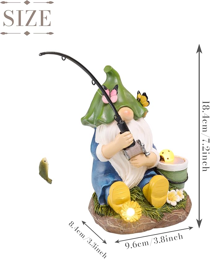TERESA'S COLLECTIONS Resin Outdoor Statues with Solar Outdoor Lights for Garden Decor, Funny Garden Gnome Fishing Decorations for Outside Yard Porch Patio Lawn, Ideal Gift for Women and Man 7.2"